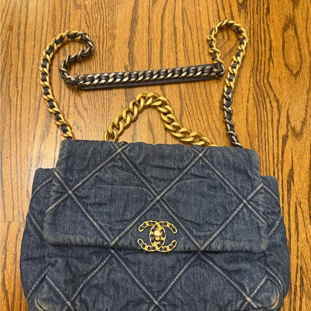 Chanel 19 Large Flap Bag in Blue Denim with Aged Gold Hardware